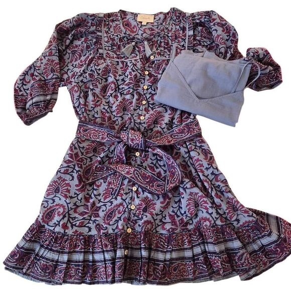 Cleobella Womens Cade Blue Wine Boho Style Delhi Print Tie Belt Ruffle Dress Siz - Picture 6 of 12